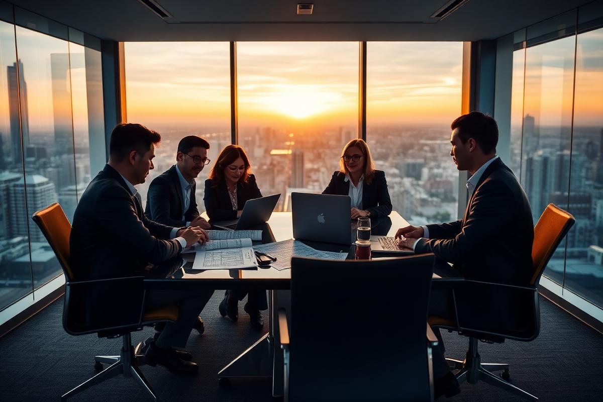 Real estate finance team reviewing a development plan in a high-rise office