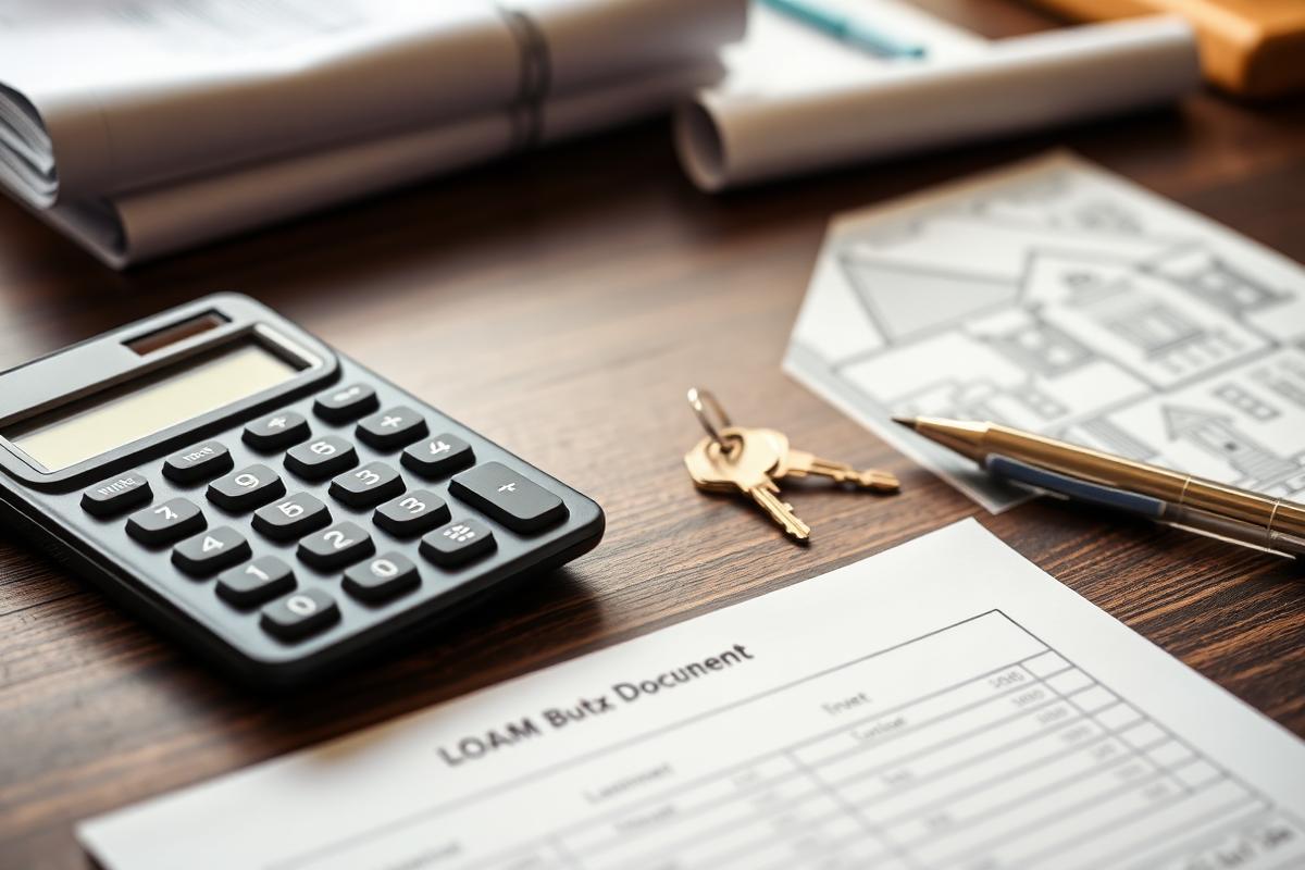 Loan documents, calculator, keys and blueprints on a desk