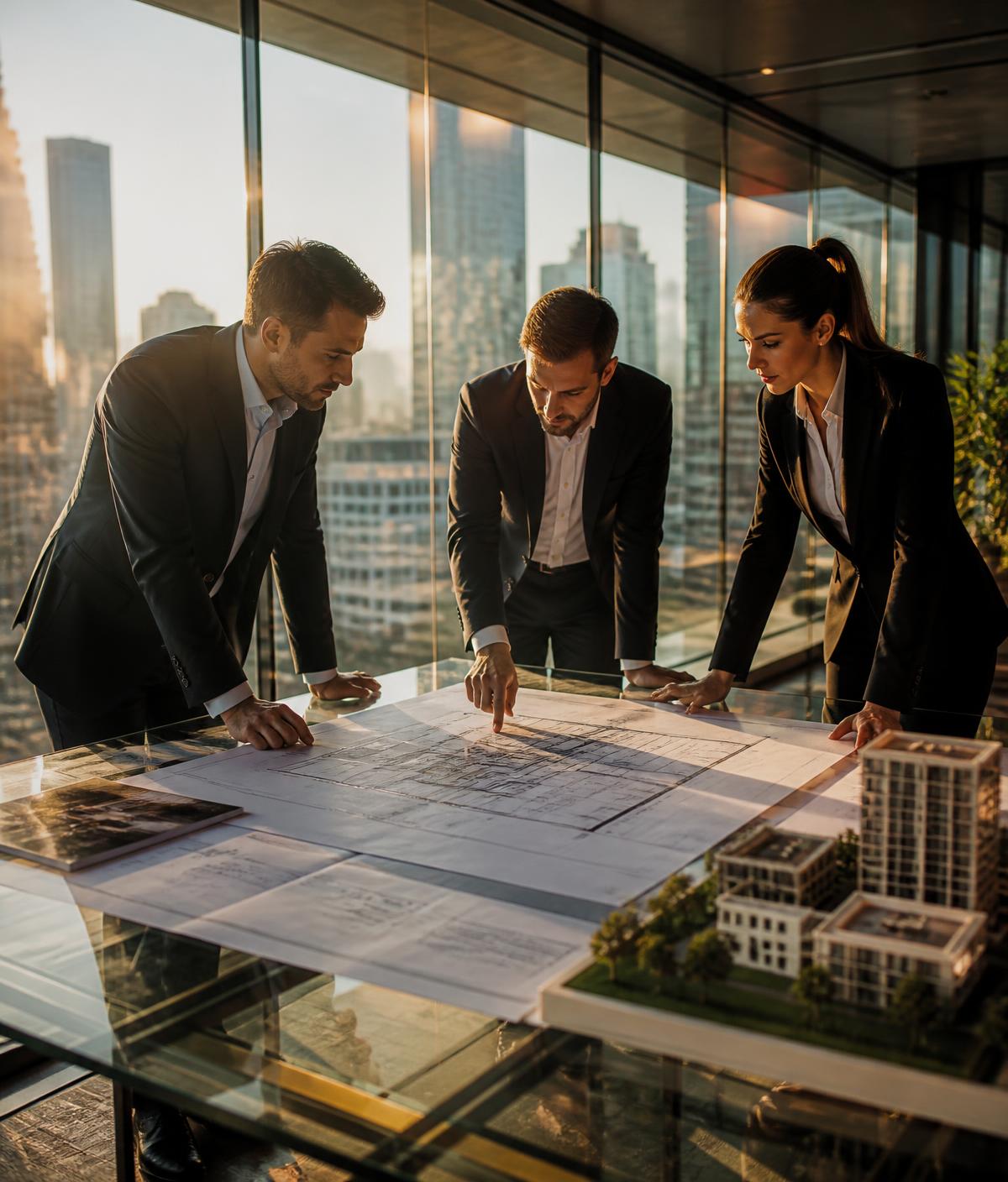 Investors reviewing plans in a high-rise office